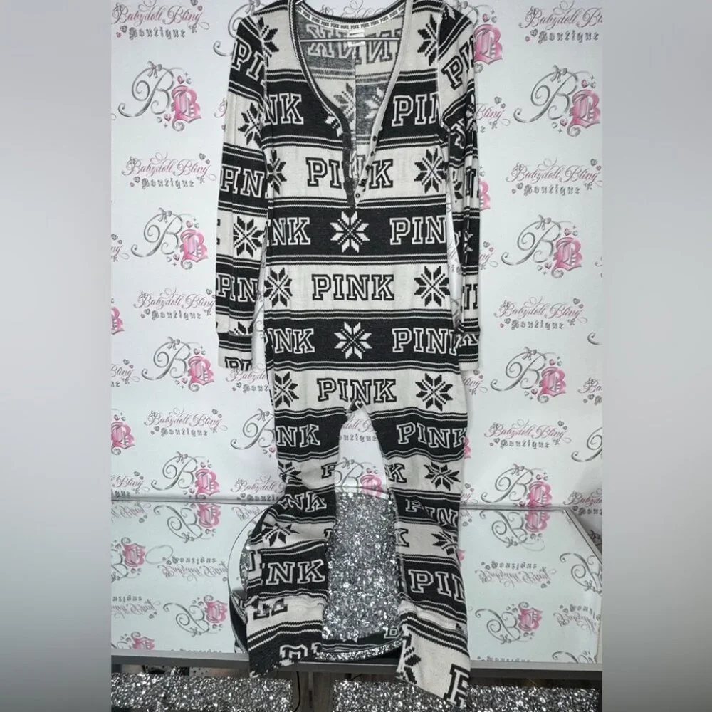 Victoria secret pink onesie long sleeve but flap waffle knit winter Pajamas - Picture 1 of 14